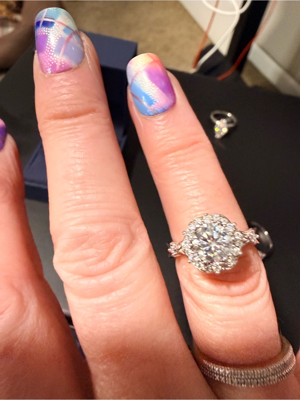 Sparkling Halo Round Cut Sterling Silver Engagement Ring - 1ct Moisannite.